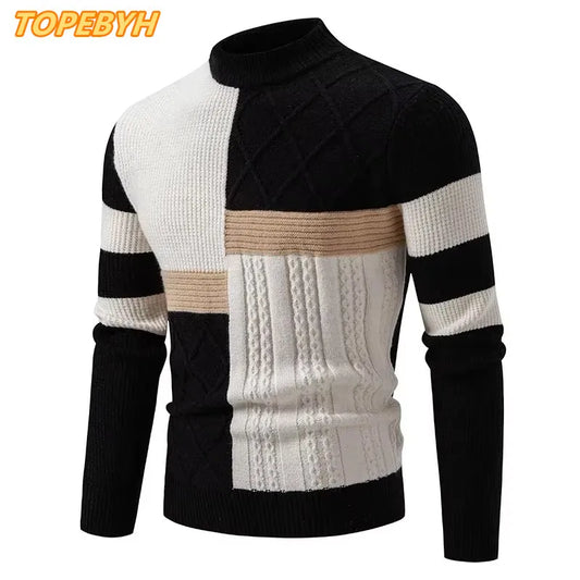 2025 High Quality Men's New Autumn and Winter Casual Warm Color Block Sweater Knit Tops Man Clothes